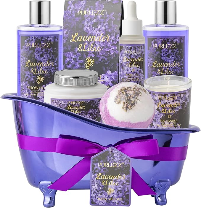 PURLEZZ Bath Spa Gift Set, Bath & Body Gift Basket 9-Piece Lavender & Lilac Scented Spa Basket Kits for Women, Contains Shower Gel, Bath Bomb, Body Lotion Birthday Gift for Women, Gifts for ladies - Image 2
